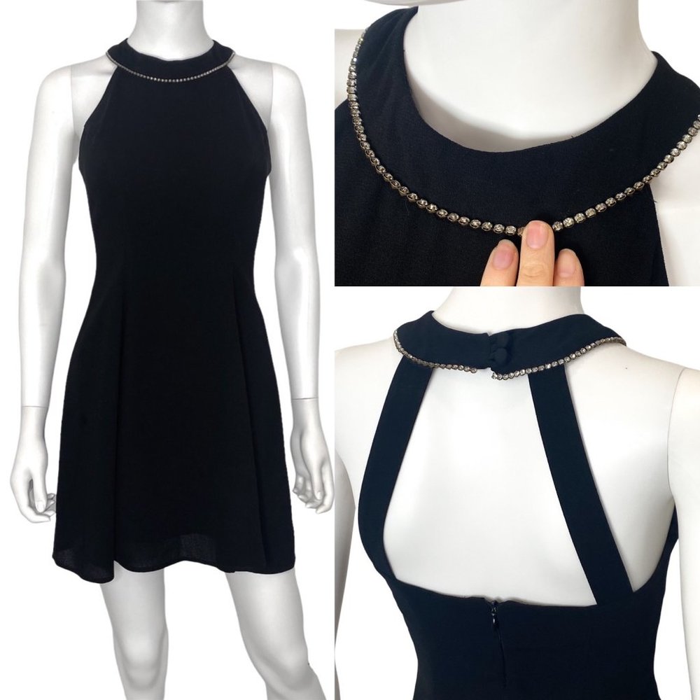 CDC Petites Vintage 90s Rhinestone Halter Neck Skater Flare Mini Dress in Black